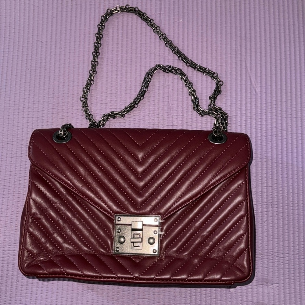 CHIARA FERRETTI Ruby Red Italian Leather Chain Shoulder Bag